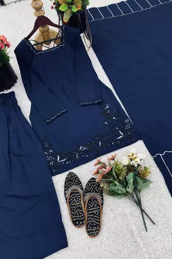 Navy blue embroidered crepe silk farshi suit with dupatta