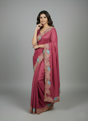 Pink star georgette pastel floral resham & zari embroidery saree 4