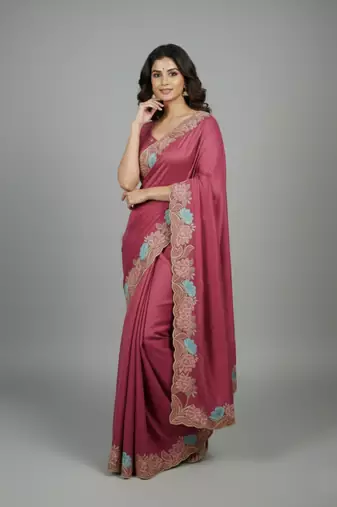 Pink star georgette pastel floral resham & zari embroidery saree