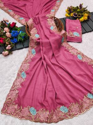 Pink star georgette pastel floral resham & zari embroidery saree 5