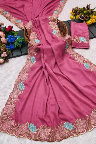Pink star georgette pastel floral resham & zari embroidery saree