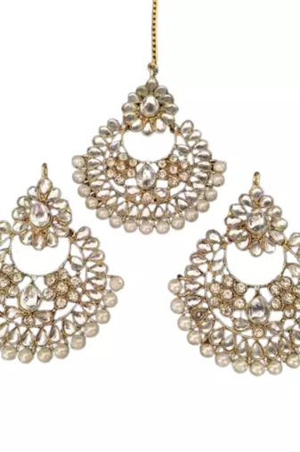 Gold stone studded floral rose gold pearls earrings with maang tikka sets for women
