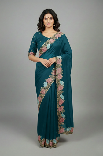 Navy blue georgette pastel floral resham & zari embroidery saree