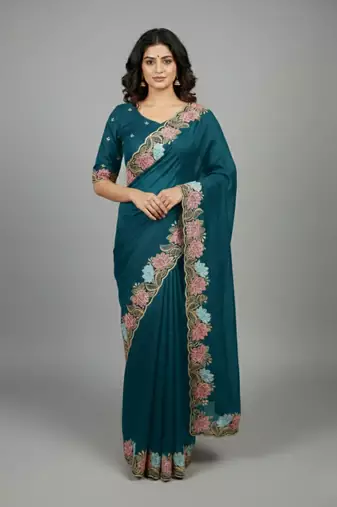 Navy blue georgette pastel floral resham & zari embroidery saree