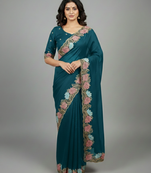 Navy blue georgette pastel floral resham & zari embroidery saree
