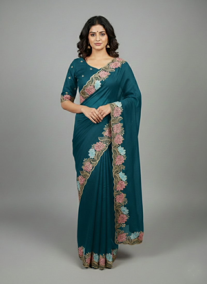 Navy blue georgette pastel floral resham & zari embroidery saree