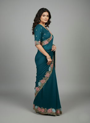 Navy blue georgette pastel floral resham & zari embroidery saree 2