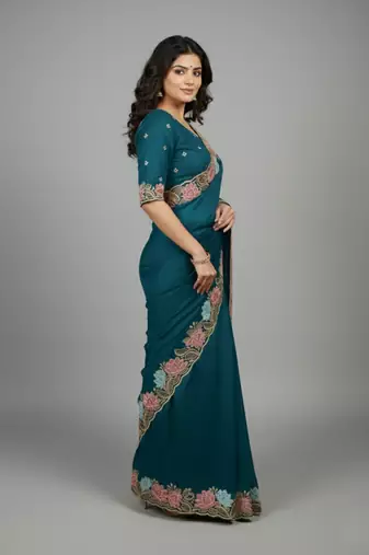 Navy blue georgette pastel floral resham & zari embroidery saree