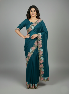 Navy blue georgette pastel floral resham & zari embroidery saree 3