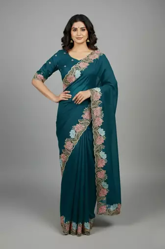 Navy blue georgette pastel floral resham & zari embroidery saree