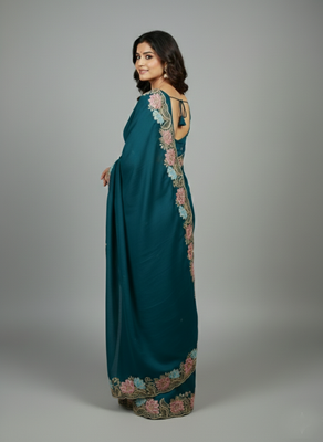 Navy blue georgette pastel floral resham & zari embroidery saree 4