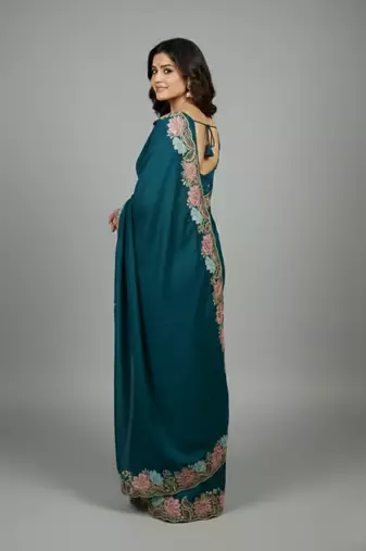 Navy blue georgette pastel floral resham & zari embroidery saree