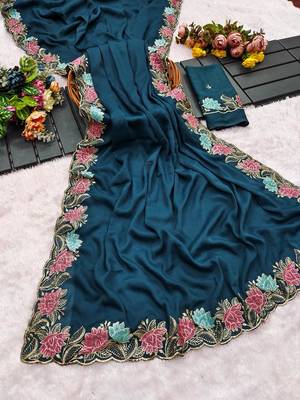 Navy blue georgette pastel floral resham & zari embroidery saree 5