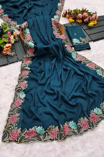 Navy blue georgette pastel floral resham & zari embroidery saree