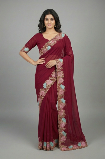 Pink georgette pastel floral resham & zari embroidery saree