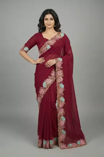 Pink georgette pastel floral resham & zari embroidery saree