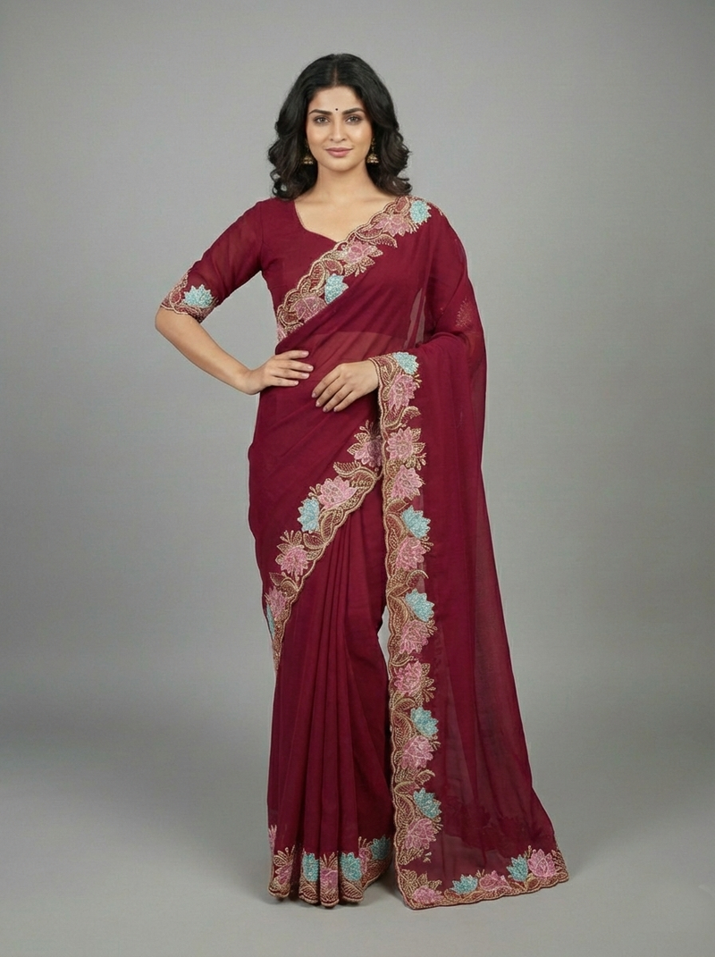 Pink georgette pastel floral resham & zari embroidery saree