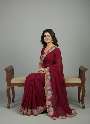 Pink georgette pastel floral resham & zari embroidery saree 2