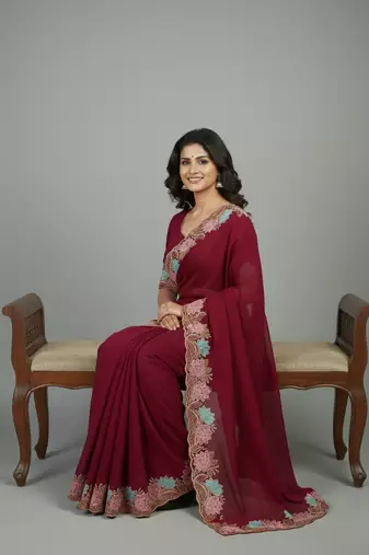 Pink georgette pastel floral resham & zari embroidery saree