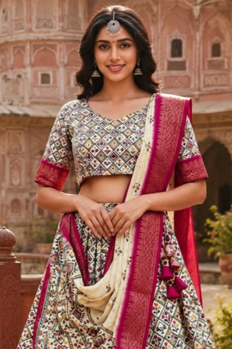 Dark Pink & cream cotton silk lehenga set with traditional print and zari weaving border for women's 