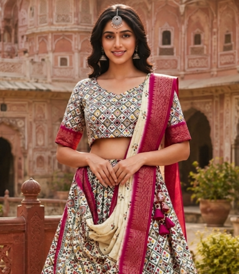 Dark Pink & cream cotton silk lehenga set with traditional print and zari weaving border for women's 