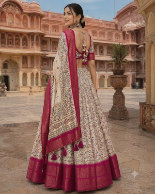 Dark Pink & cream cotton silk lehenga set with traditional print and zari weaving border for women's  2