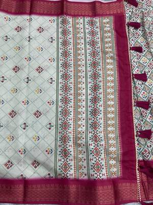 Dark Pink & cream cotton silk lehenga set with traditional print and zari weaving border for women's  3