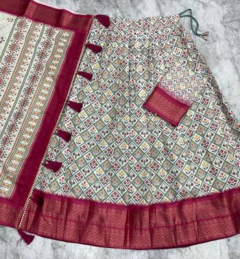 Dark Pink & cream cotton silk lehenga set with traditional print and zari weaving border for women's  4
