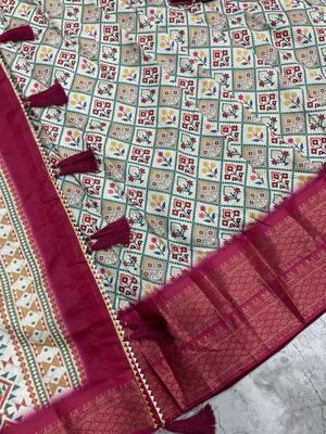 Dark Pink & cream cotton silk lehenga set with traditional print and zari weaving border for women's  5