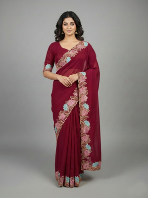 Pink georgette pastel floral resham & zari embroidery saree 3