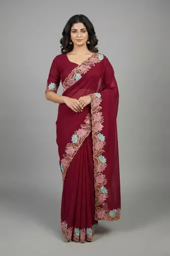 Pink georgette pastel floral resham & zari embroidery saree