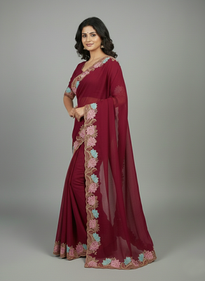Pink georgette pastel floral resham & zari embroidery saree 4