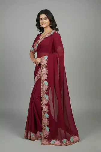 Pink georgette pastel floral resham & zari embroidery saree