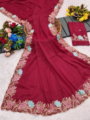 Pink georgette pastel floral resham & zari embroidery saree 5