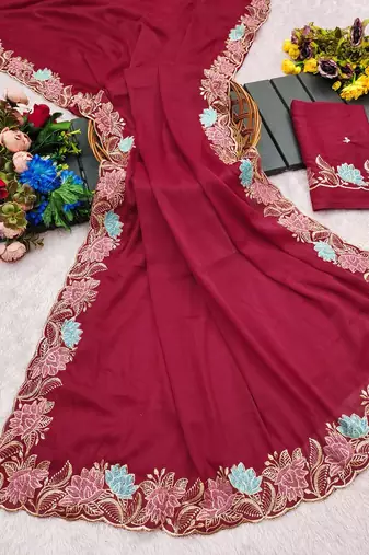 Pink georgette pastel floral resham & zari embroidery saree