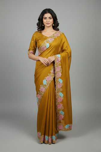 Yellow georgette pastel floral resham & zari embroidery saree