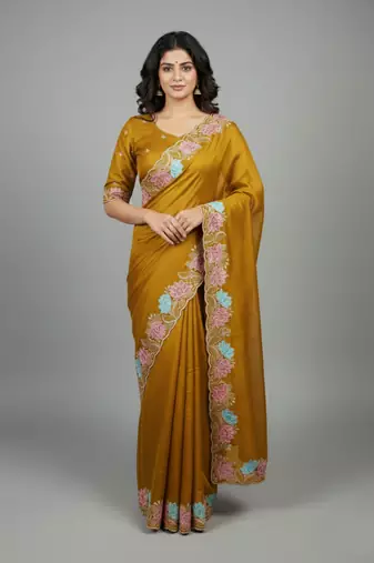 Yellow georgette pastel floral resham & zari embroidery saree