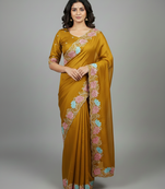 Yellow georgette pastel floral resham & zari embroidery saree