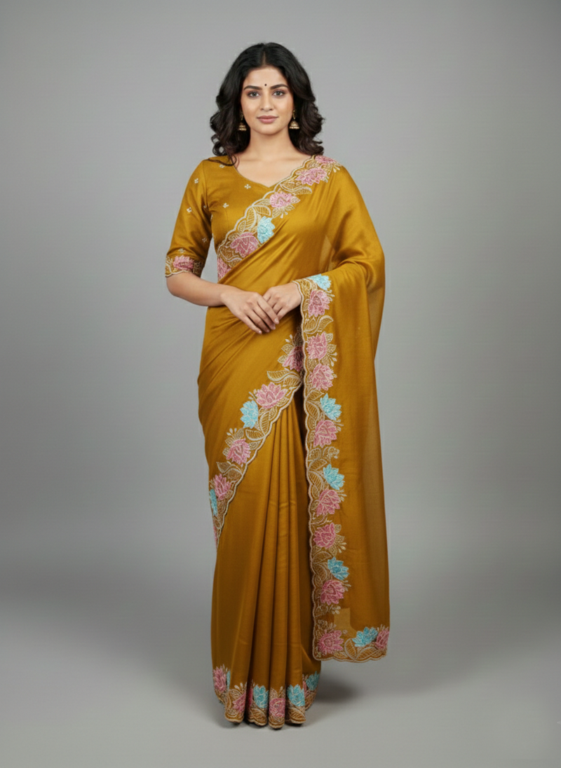 Yellow georgette pastel floral resham & zari embroidery saree