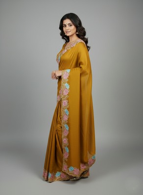 Yellow georgette pastel floral resham & zari embroidery saree 2