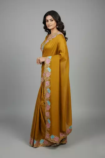 Yellow georgette pastel floral resham & zari embroidery saree