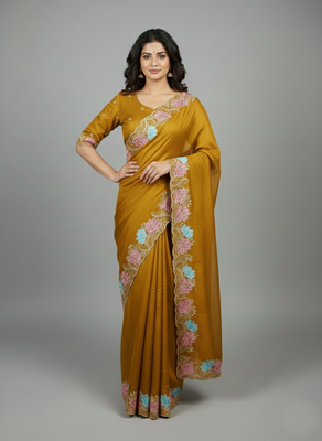 Yellow georgette pastel floral resham & zari embroidery saree 3