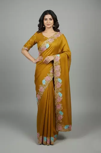 Yellow georgette pastel floral resham & zari embroidery saree