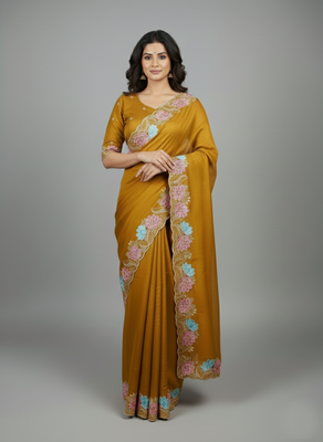 Yellow georgette pastel floral resham & zari embroidery saree 4