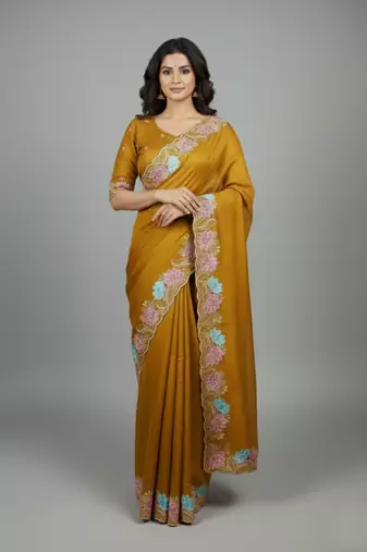 Yellow georgette pastel floral resham & zari embroidery saree