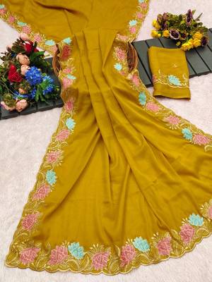 Yellow georgette pastel floral resham & zari embroidery saree 5