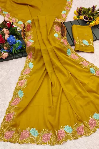 Yellow georgette pastel floral resham & zari embroidery saree