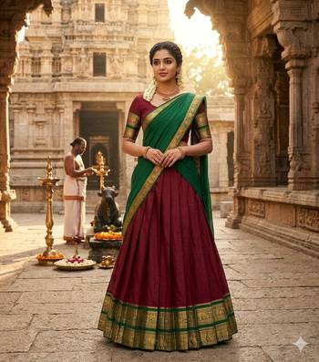 Maroon Kanci cottan blend half saree with traditional gold zari weaving work  1