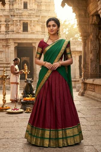Maroon Kanci cottan blend half saree with traditional gold zari weaving work 