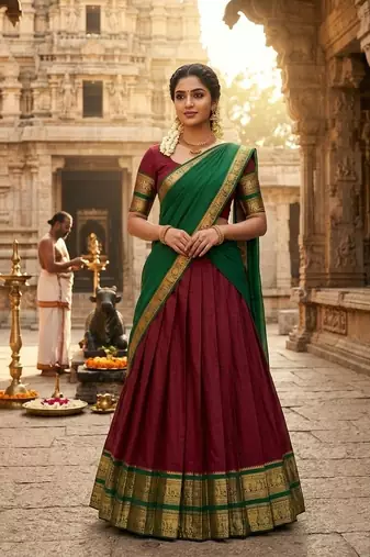 Maroon Kanci cottan blend half saree with traditional gold zari weaving work 